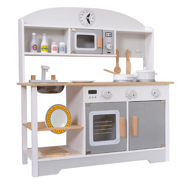 Vintage Wooden Play Kitchen Kids Kitchen Set Pretend Play Kitchen with Burners Faucet & Microwave Cooking Clock