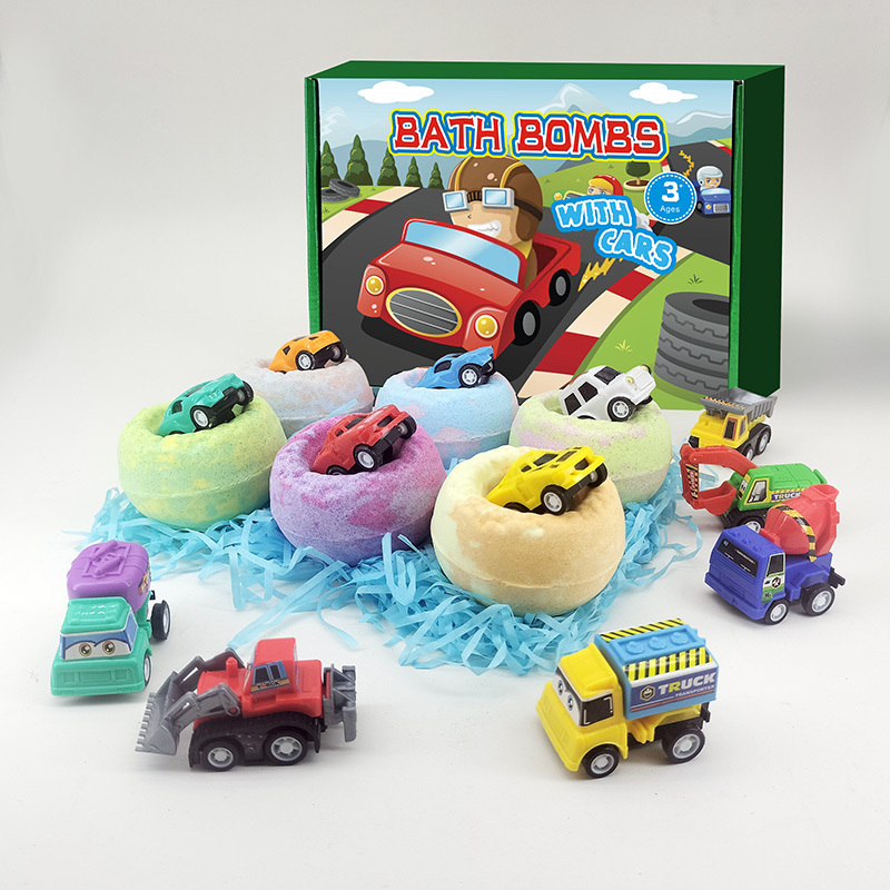 Bomei custom gift set bath fizzies bathbombs vegan kids surprise car toys inside organic bath bombs