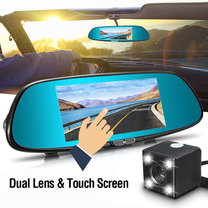 full HD 1080p 7inch touch screen car camera dula lens vehicle DVR back view mirror camcorder G sensor parking monitor IR