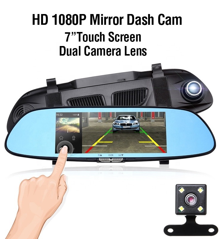 full HD 1080p 7inch touch screen car camera dula lens vehicle DVR back view mirror camcorder G sensor parking monitor IR