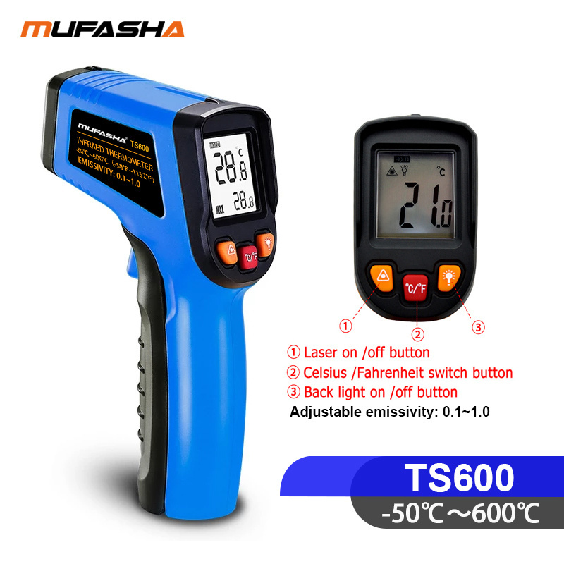 MUFASHA Industrial infrared Thermometer -50-600C Gun Pyrometer LCD digital laser Handheld High Low thermometer TS600