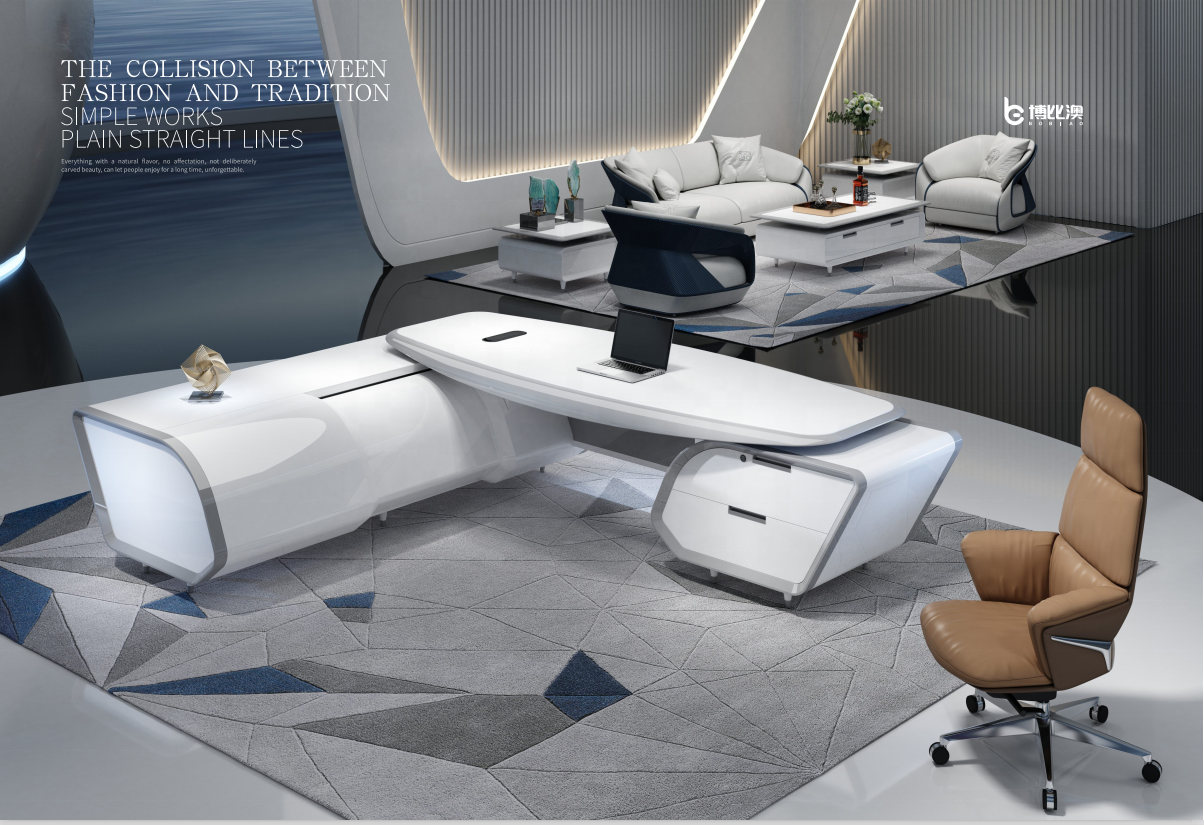 Luxury Office Furniture White Glossy Lacquered Automatic Smart High Tech Modern CEO President Executive Office Desk