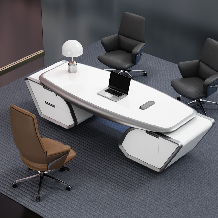 Luxury Lacquered White Glossy Automatic Smart Modern CEO President L Shaped Executive Office Desk