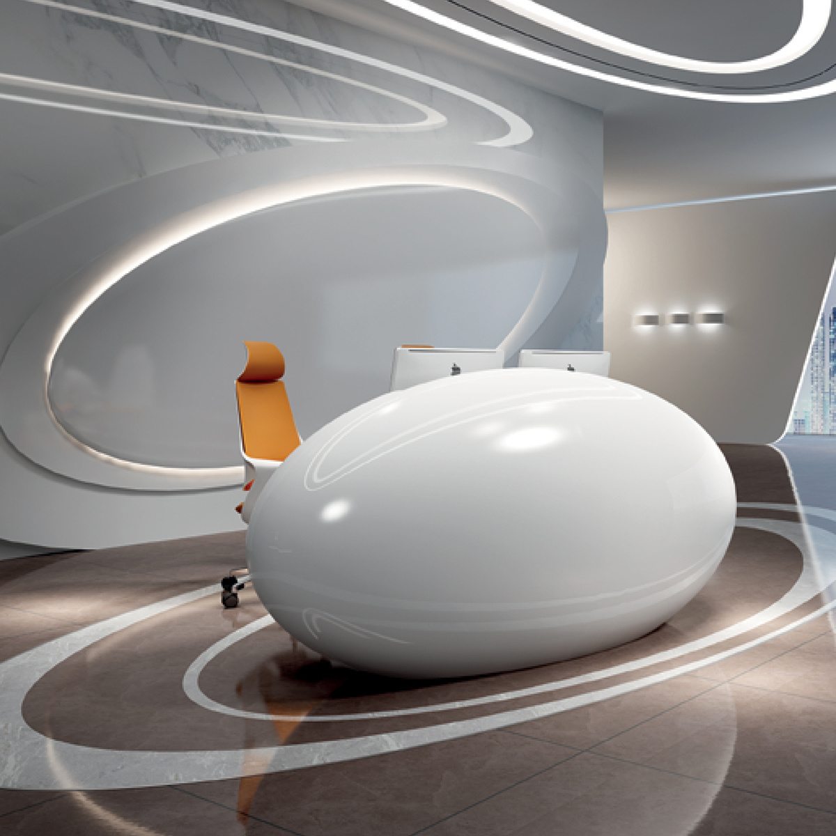 Unique Custom Modern Wood Salon Gym Hotel Exhibition Hall Lobby White Oval Reception Desk