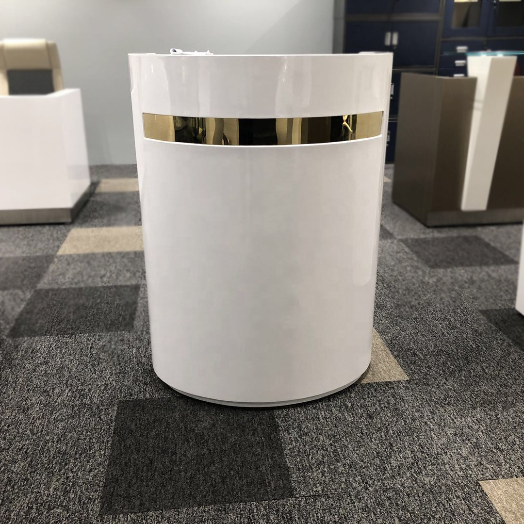 Mini Mini Cash Checkout Cheap Barber Hotel-sized hair salon retail store showcases a circular standing led gold reception desk