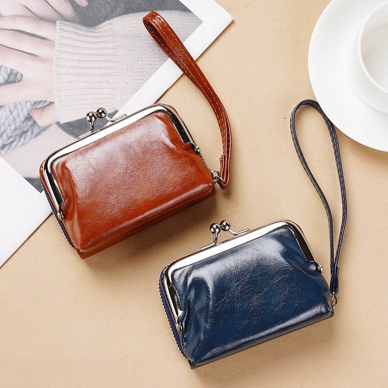 Custom waterproof Oil wax PU organ clip card holder coin purses writstlet woman metal frame clutch coin wallet