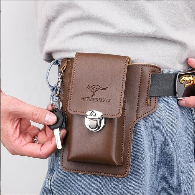 Hot sell luxury male PU leather waist bag  cigarette case man fanny pack bags custom for phone