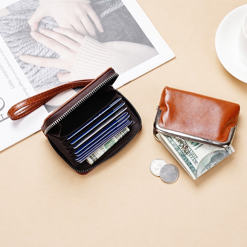 Custom waterproof Oil wax PU organ clip card holder coin purses writstlet woman metal frame clutch coin wallet