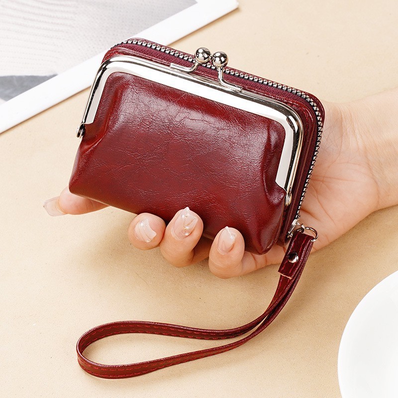 Custom waterproof Oil wax PU organ clip card holder coin purses writstlet woman metal frame clutch coin wallet