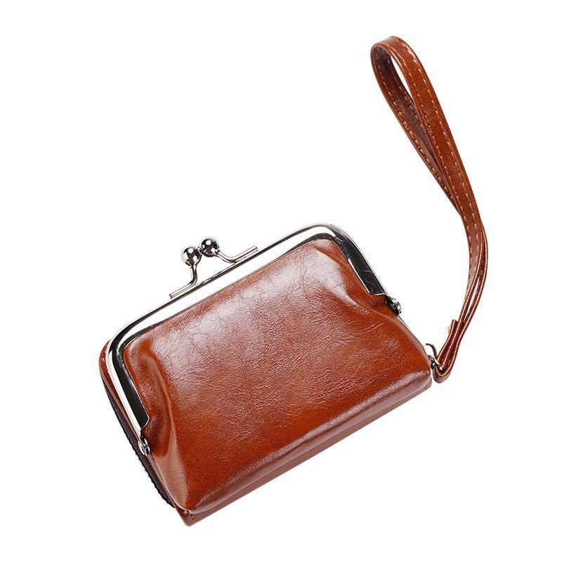 Custom waterproof Oil wax PU organ clip card holder coin purses writstlet woman metal frame clutch coin wallet