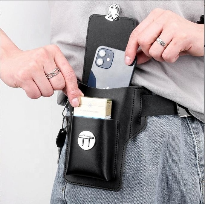 Hot sell luxury male PU leather waist bag  cigarette case man fanny pack bags custom for phone