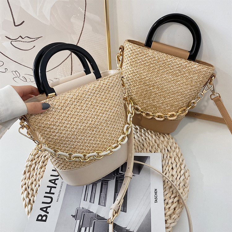 Summer Weave Tote Bag Straw Shoulder Bucket Bags Acrylic Chain Women Fashion Messenger Crossbody Beach Bag