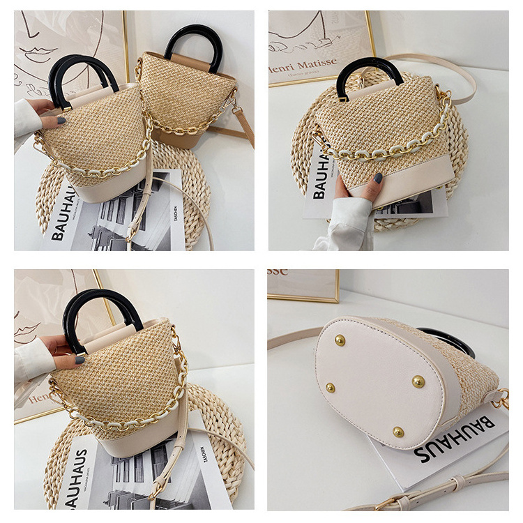 Summer Weave Tote Bag Straw Shoulder Bucket Bags Acrylic Chain Women Fashion Messenger Crossbody Beach Bag