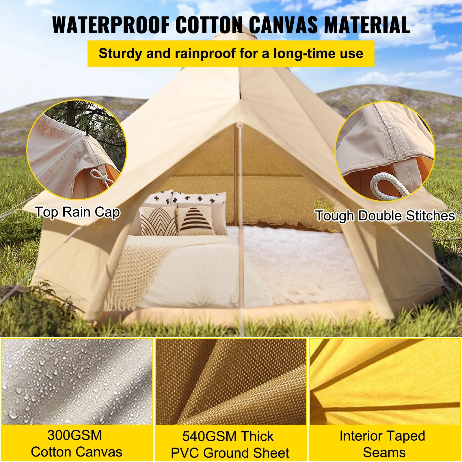 Waterproof Cotton Canvas Bell Tent Outdoor 4 Seasons Family Party Picnic Yurt W/ Stove Hole 4-12 Person Camping Tent