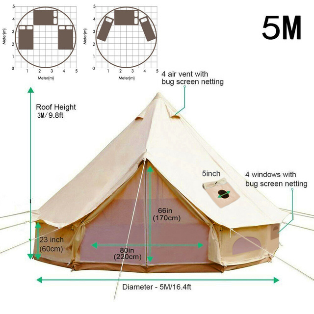 Waterproof Cotton Canvas Bell Tent Outdoor 4 Seasons Family Party Picnic Yurt W/ Stove Hole 4-12 Person Camping Tent