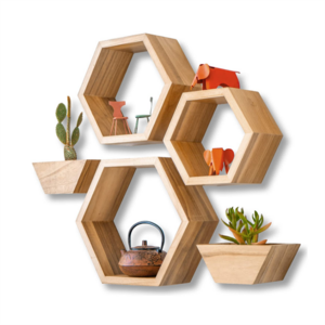 Living room furniture bedroom bathroom hanging storage decoration rack wooden metal iron hexagonal floating wall shelf