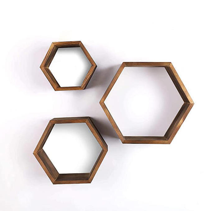 Living room furniture bedroom bathroom hanging storage decoration rack wooden metal iron hexagonal floating wall shelf