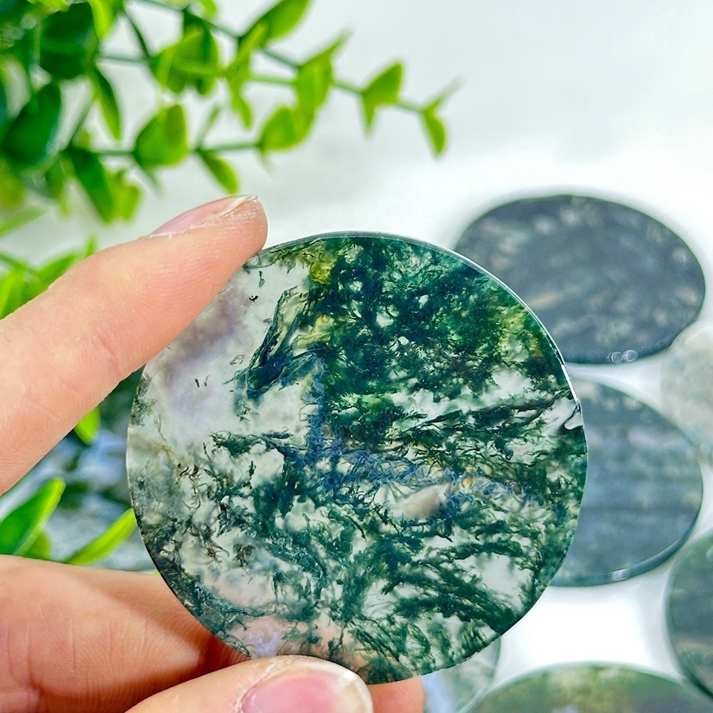 High Quality Crystal Round Moss Agate Slice Gemstone Polished Moss Agate Slice For Home Decoration