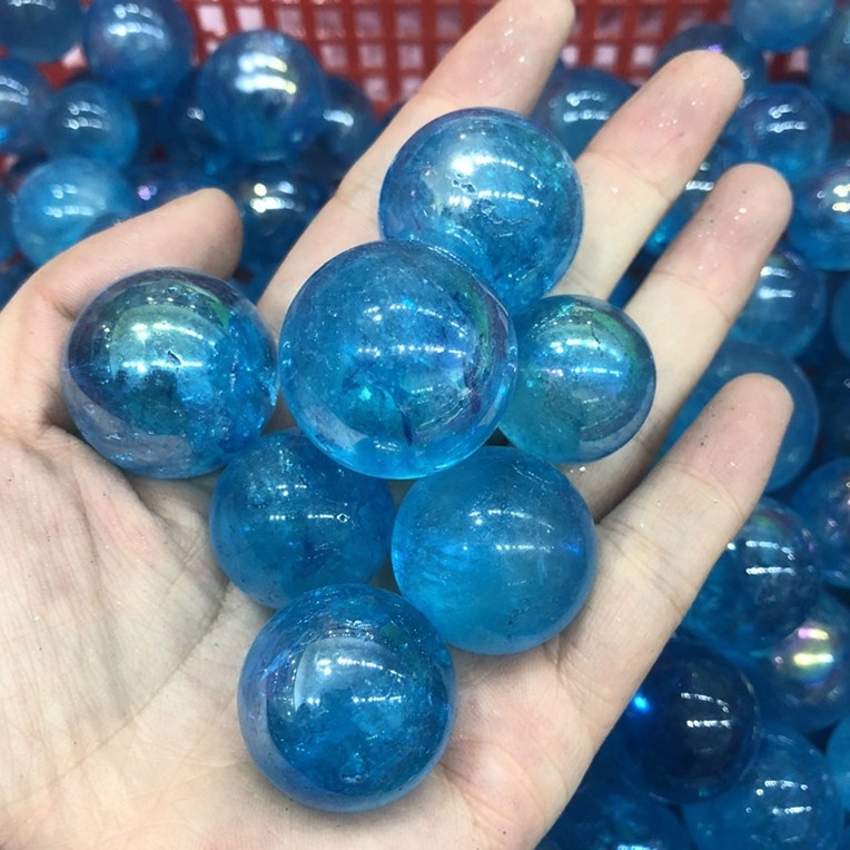 Natural Aqua Aura Quartz Sphere Ball Electroplating Paint Blue Crystal Ball For Sale