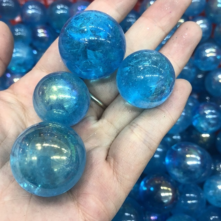 Natural Aqua Aura Quartz Sphere Ball Electroplating Paint Blue Crystal Ball For Sale