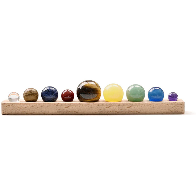 Solar System Planets Crystals Healing Stones Chakr Decor Natural Tumbled Gemstone Sphere Ball with Wood Base for Home Office Des