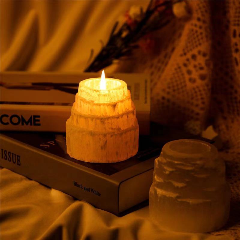 Factory Price Hand Made Natural White Selenite Crystal Quartz Candle Holder For Home Decoration