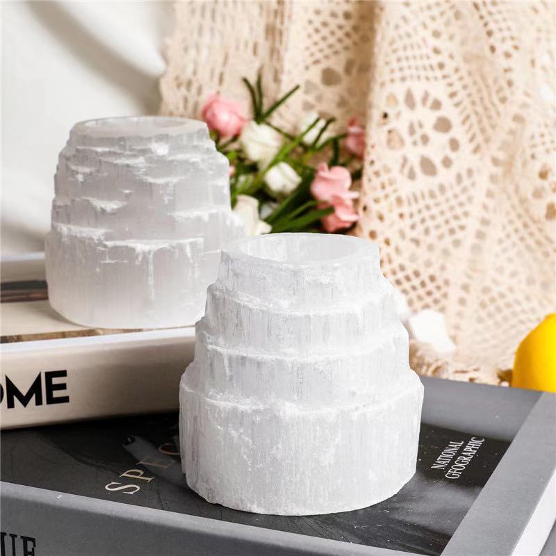 Factory Price Hand Made Natural White Selenite Crystal Quartz Candle Holder For Home Decoration