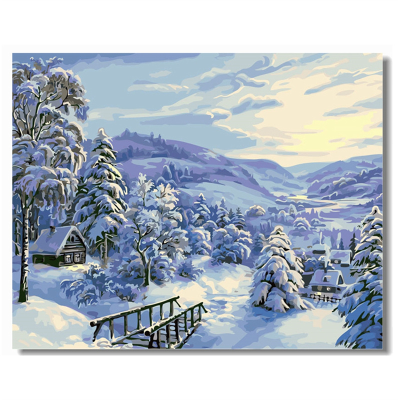 Winter snow scene oil painting acrylic paint by number diy painting set on canvas for living room