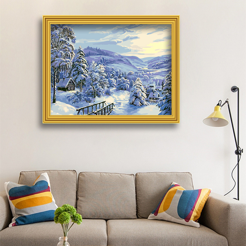 Winter snow scene oil painting acrylic paint by number diy painting set on canvas for living room