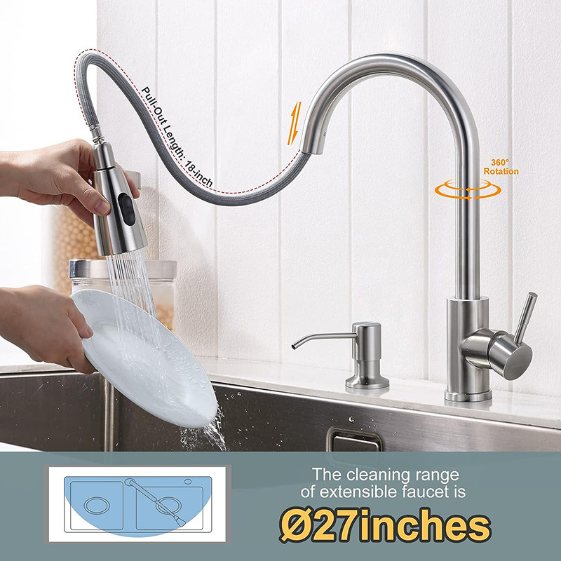 wholesale modern brass kitchen mixer taps processing customization pull out kitchen sink faucets with soap dispenser