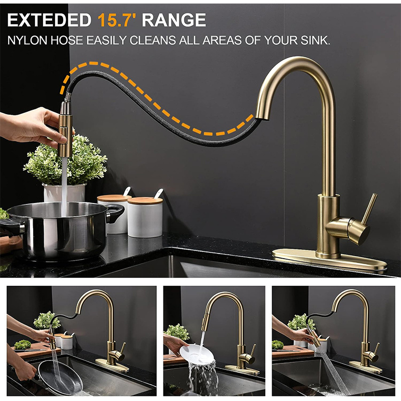 wholesale modern brass kitchen mixer taps processing customization gold kitchen sink faucets with pull out sprayer