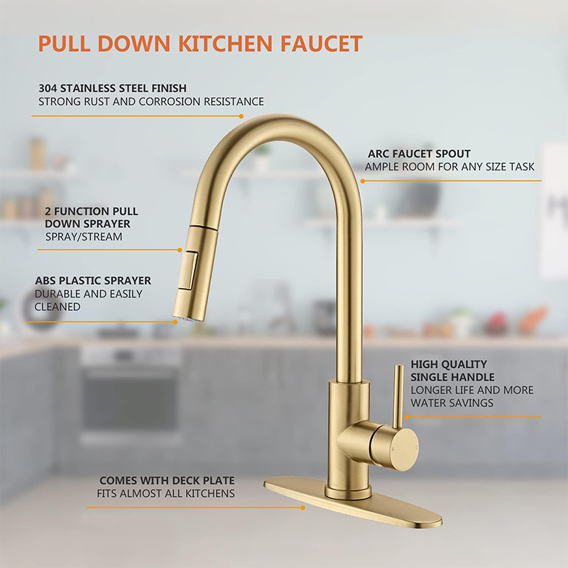 wholesale modern brass kitchen mixer taps processing customization gold kitchen sink faucets with pull out sprayer