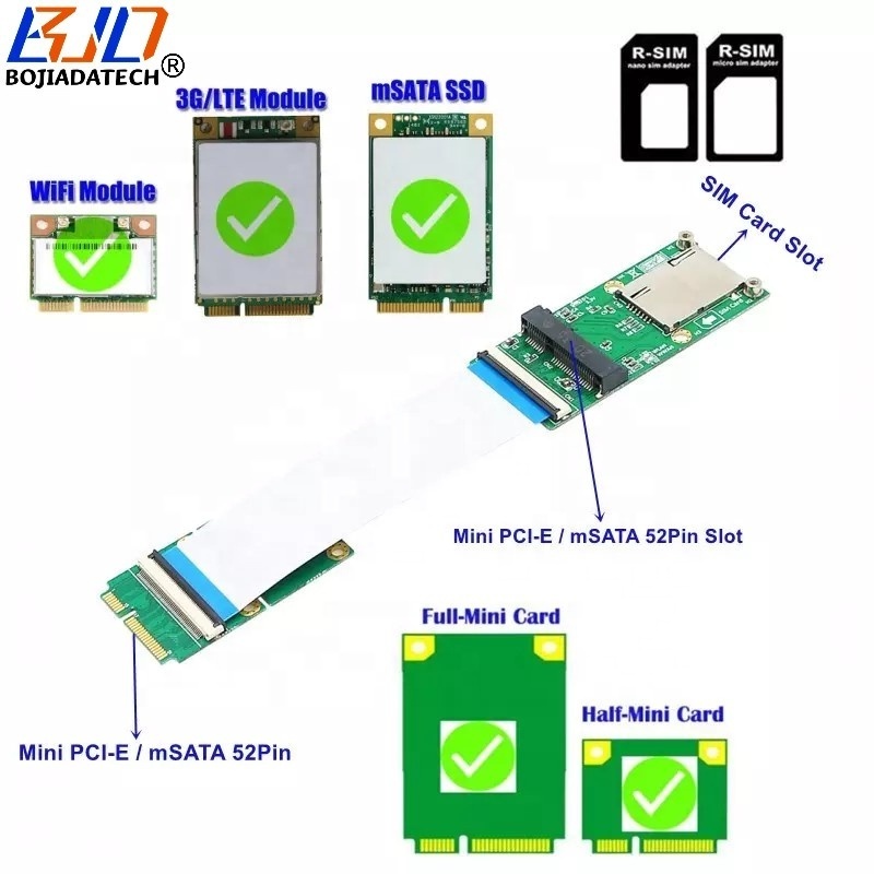 Mini PCI-E ro MPCIe Wireless Adapter Card With SIM Slot + Flexible FPC Cable Support WIFI Module / 3G 4G LTE GSM WWAN Modem