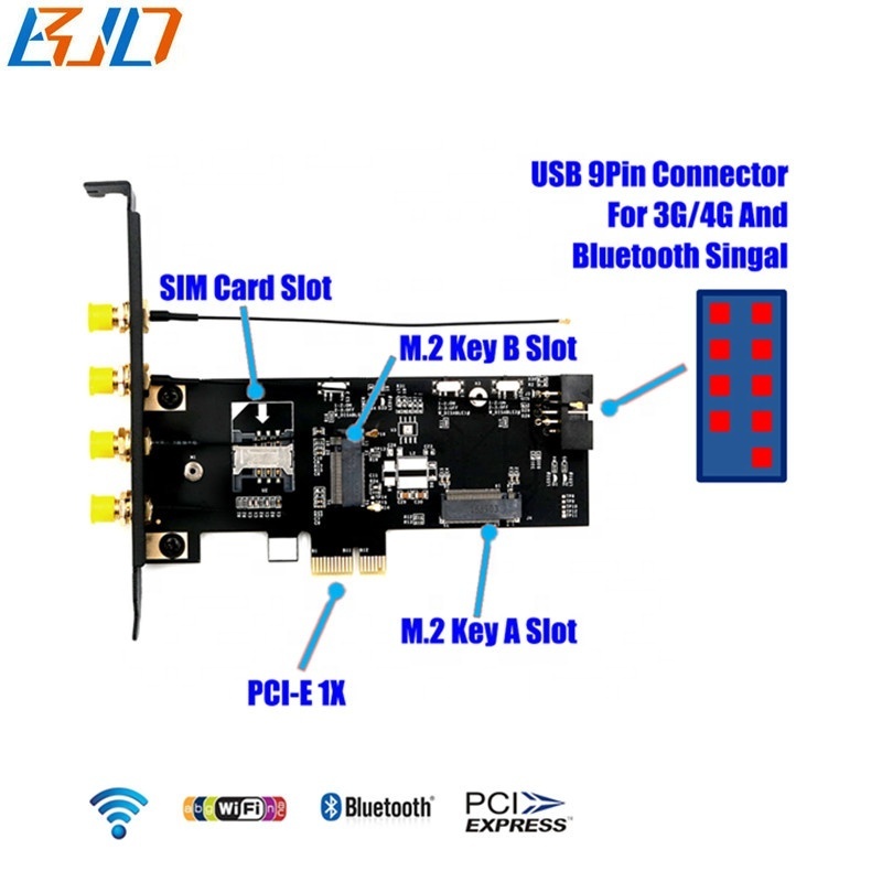 PCI Express PCI-E 1X To NGFF M.2 Key-B Key A+E Wireless Adapter Card 1 SIM Slot 4 Antennas For 4G LTE GSM Modem / Wifi BT Module