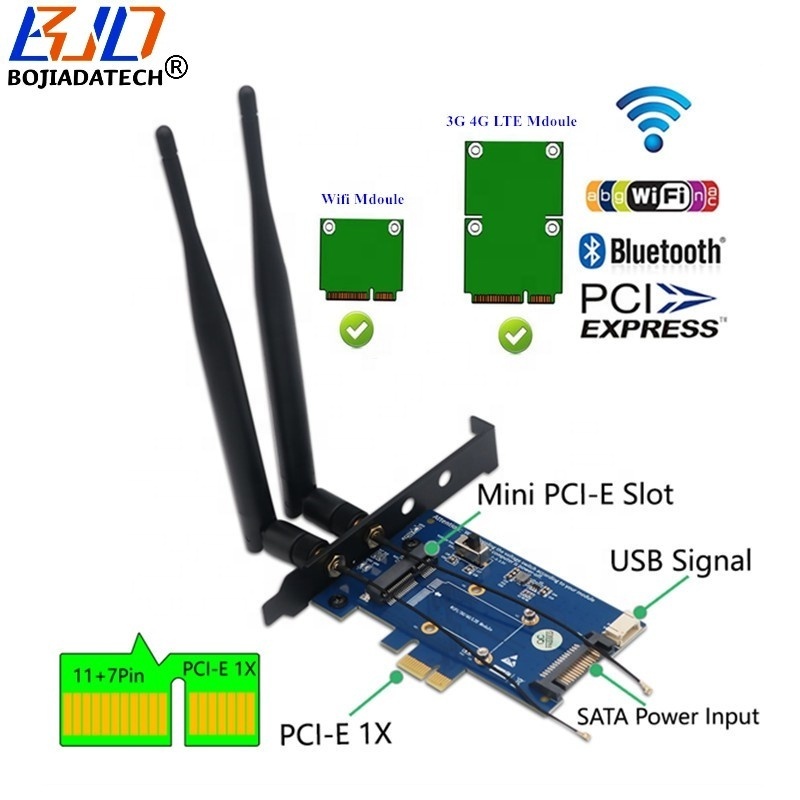 Mini PCIe to PCI-E 1X MPCIe Wireless Adapter 1 SIM Card Slot 2 Antennas Support 4G 3G WWAN LTE Modem / Wifi & BT Modules