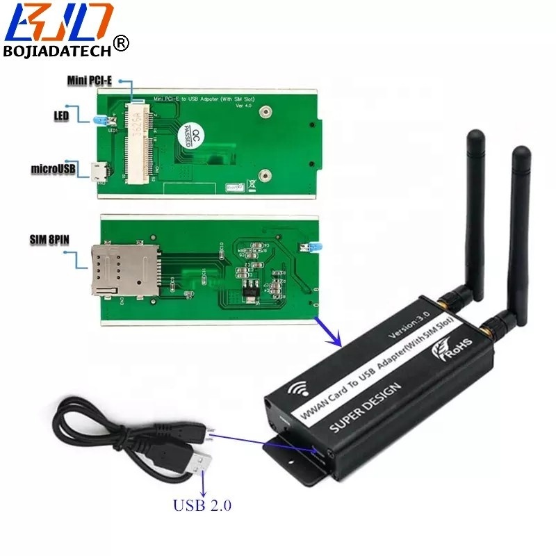 USB 2.0 Connector To Mini PCI-E MPCIe Wireless Module Adapter 1 SIM Slot 2 Antennas Protection Case For 3G 4G LTE GSM WWAN Modem