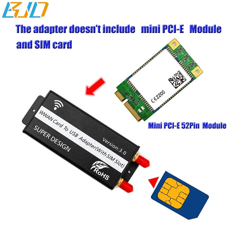 USB 2.0 Connector to Mini PCI-E MPCIe Wireless Module Adapter Card SIM Slot 2 Antenna + Protection Case for GSM 3G 4G LTE Modem