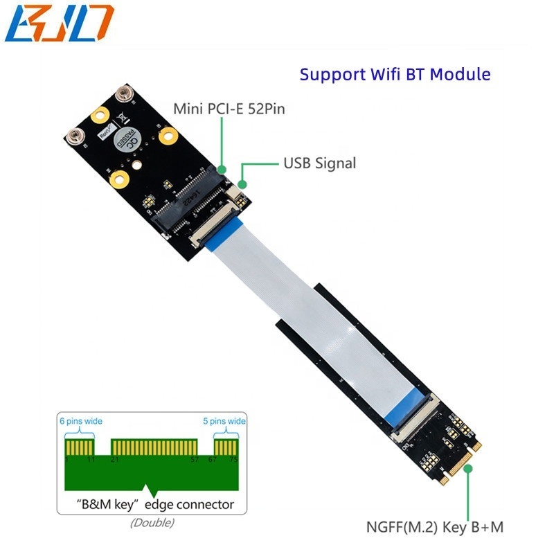 Factory Wholesale NGFF M.2 M2 B+M Key to Mini PCI-E MPCIe Wireless Adapter Card + FPC Cable For Wifi BT Modules