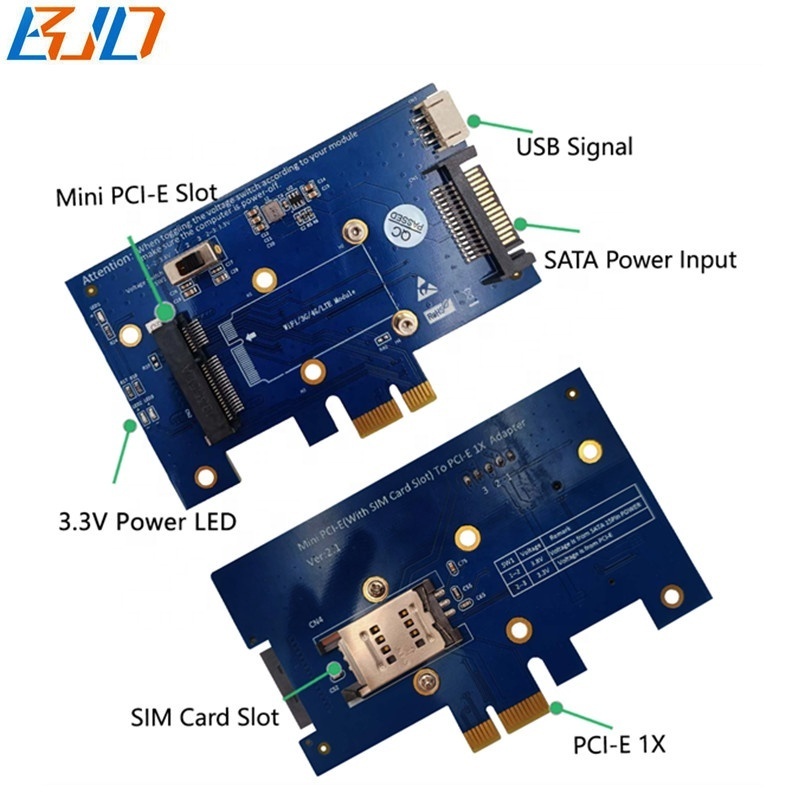 Mini PCIe 52pin Slot to PCI-E 1X Converter Riser Card SIM Slot Dual Antennas For WiFi BT Module / 3G 4G LTE WWAN GSM Modem