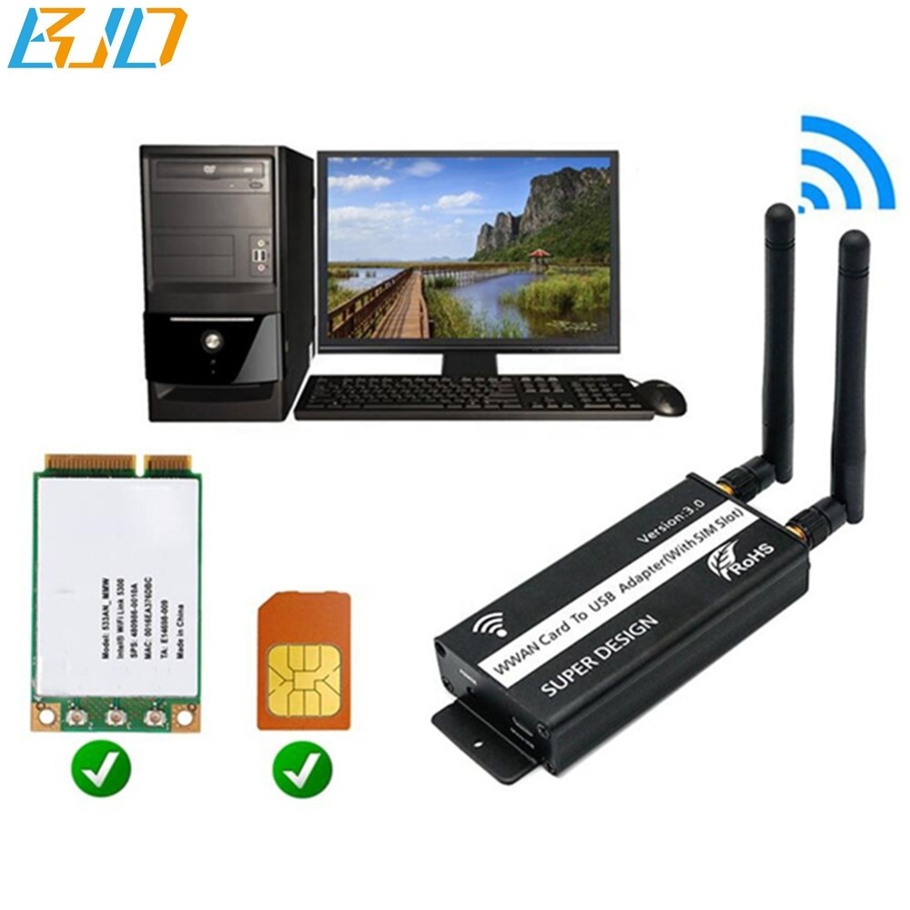 USB 2.0 Connector To Mini PCI-E Wireless Adapter 1 SIM Card Slot with 2 Antenna + Protection Case for GSM 3G 4G LTE WWAN Modem