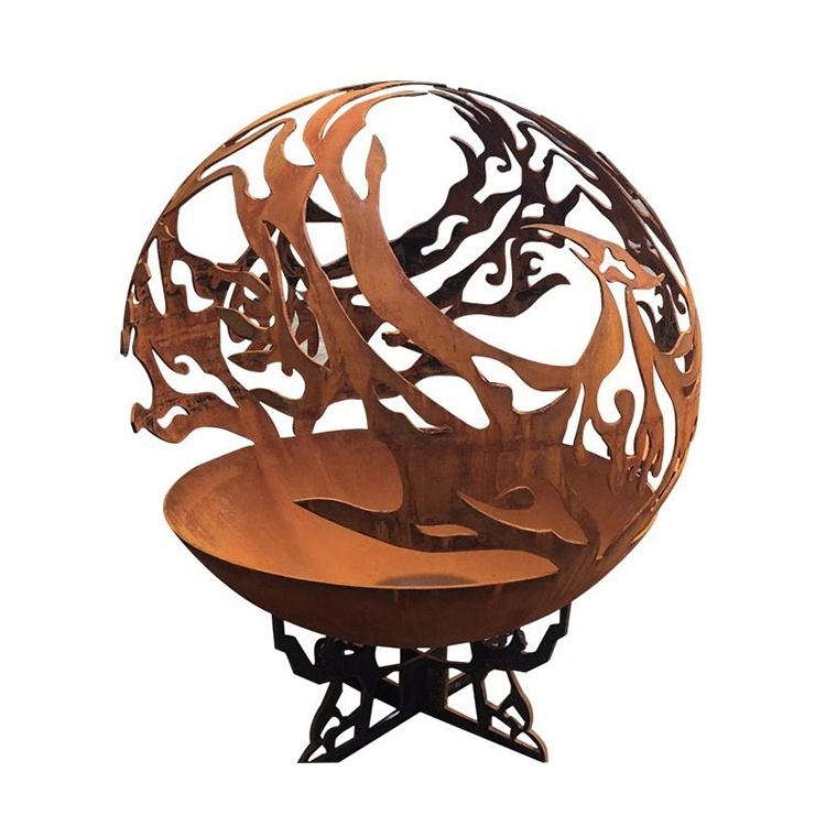 Customized Outdoor Weathering Steel Landscape Steel Sphere Firepit Outdoor Heating Brazier Corten Steel Fire Pit