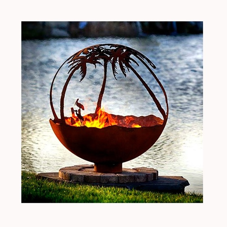 Customized Outdoor Weathering Steel Landscape Steel Sphere Firepit Outdoor Heating Brazier Corten Steel Fire Pit