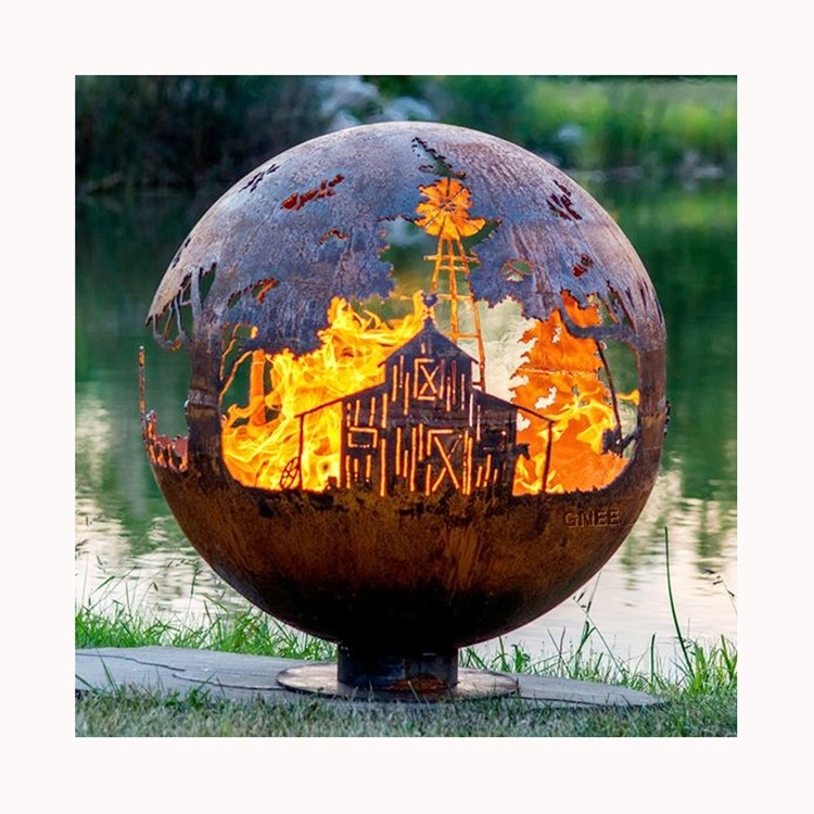 Customized Outdoor Weathering Steel Landscape Steel Sphere Firepit Outdoor Heating Brazier Corten Steel Fire Pit