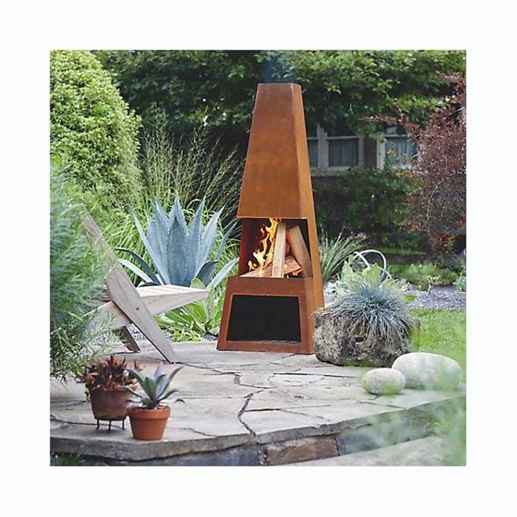 Customized Corten Steel Freestanding Outdoor Fireplace Freestanding Wood Burning Fireplace