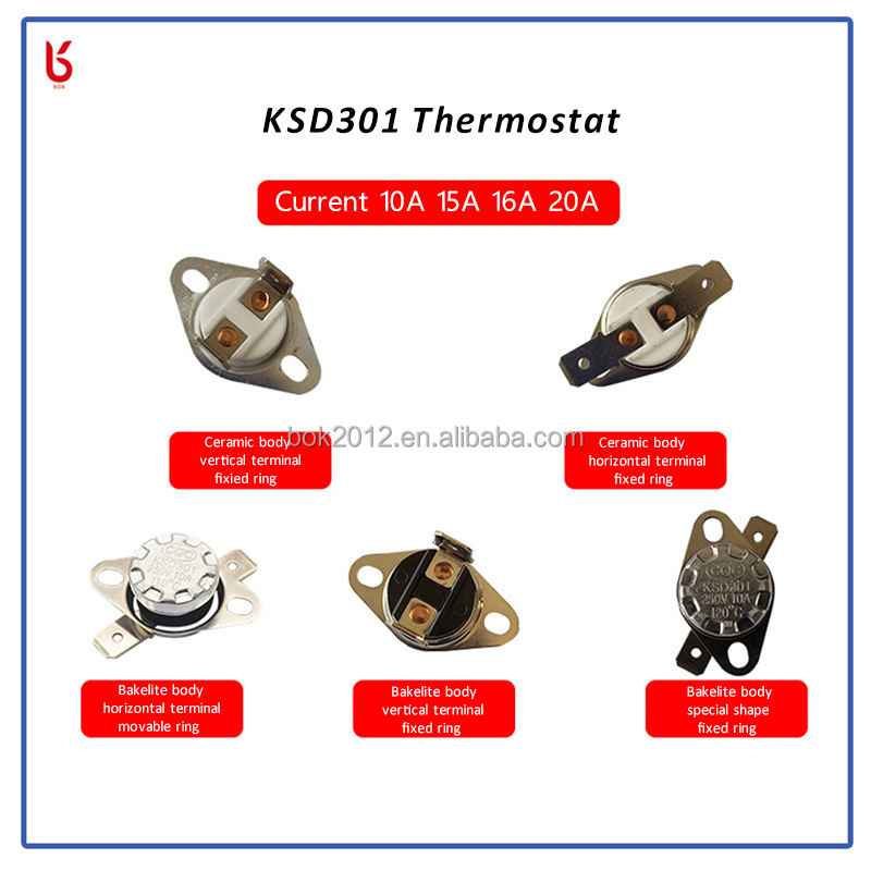 Bimetal temperature switch KSD301 normally closed 10A ceramic body high temperature thermostat