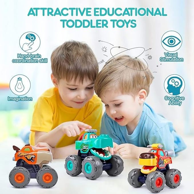 Toy car 3-piece set Monster Truck Toys Push Friction Power Big Wheel Animal Car Baby Toys Gift Ideal for Boys Girls Toddler