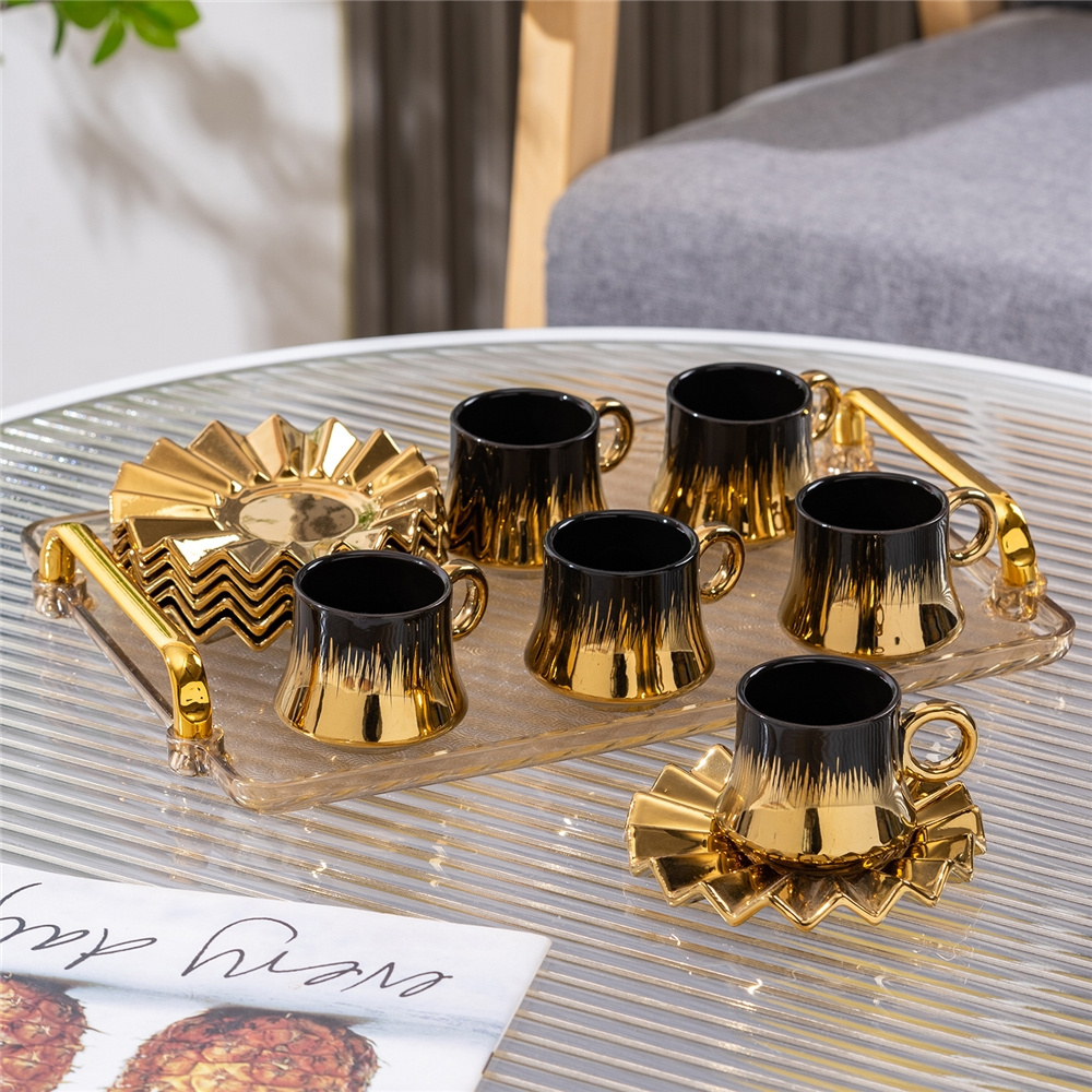 New Design 90Ml Luxury 6Pcs Set Black Gold Marble Ceramic Mug Espresso Coffee Cups Saucer With Gift Box Arabic Coffee Cup Set