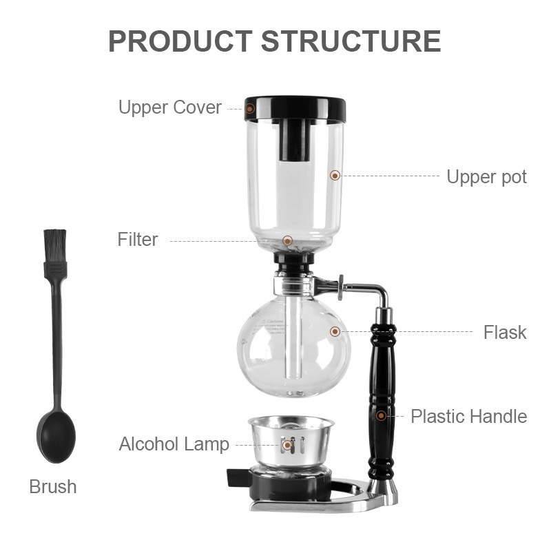 Coffee Siphon with Wood Handle Espresso Coffee Syphon Metal Syphon Coffee Maker for 3 Cups