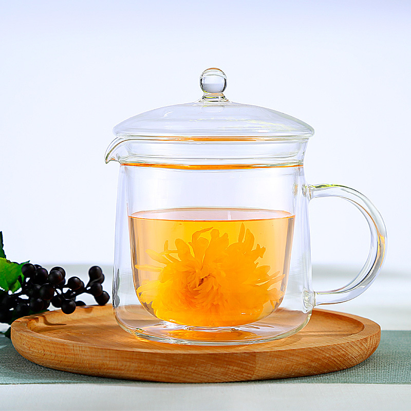 pot style 500ml big size double wall glass tea cup with lid