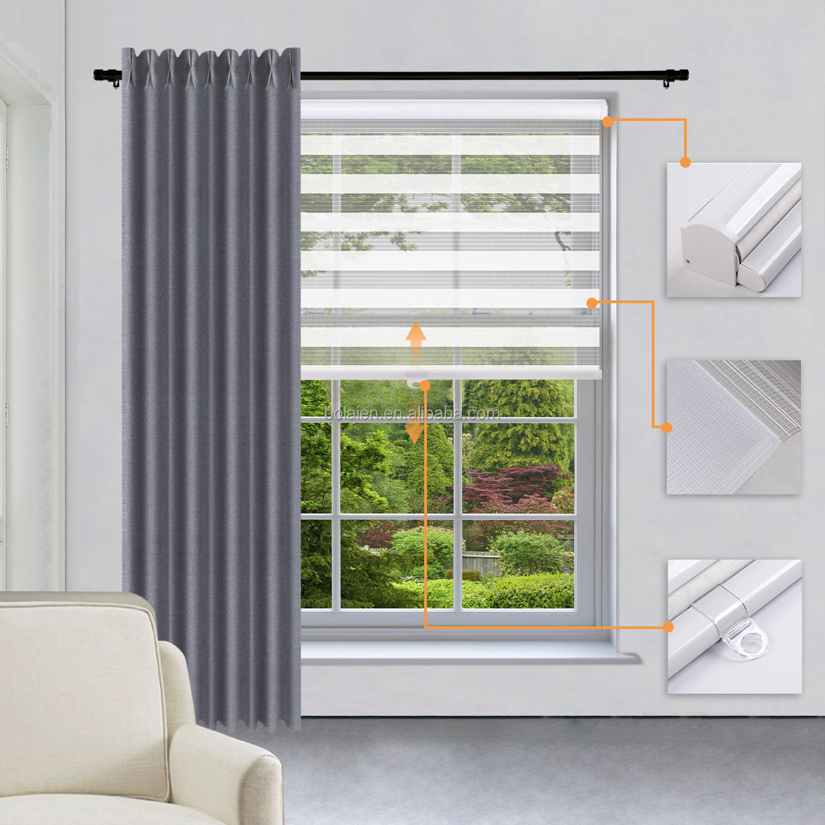 New Design Blackout Curtains and Window Blinds Combinations Free-Stop Combi Blinds Cordless Zebra Blinds Shades